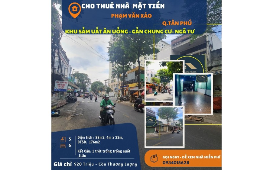 Cho thuê nhà Mặt Tiền Phạm Văn Xảo 88m2, 1Lầu, 20Triệu, gần chung cư